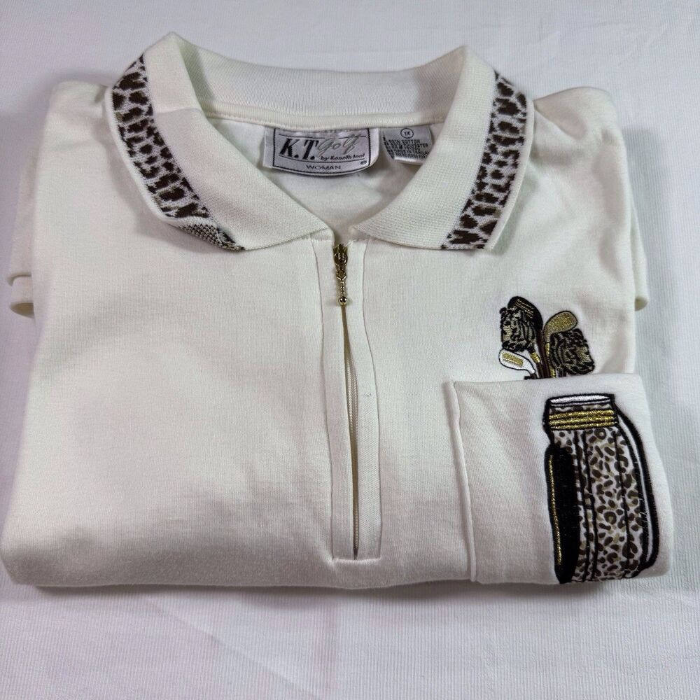 KT Golf Women’s ANIMAL PRINT White‎ GOLF POLO 1/4 Zip Golf Bag Appliqué Sz 1X